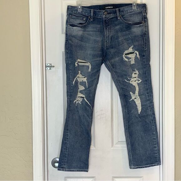 Express Rocco Slim Fit Straight Leg Jeans Distressed Size 36x30 - Picture 1 of 9